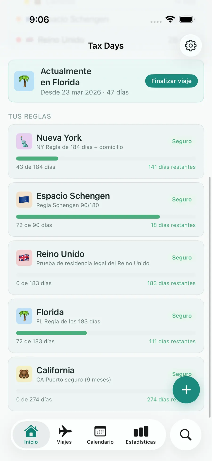 Tax Days Schengen 90/180 progress view