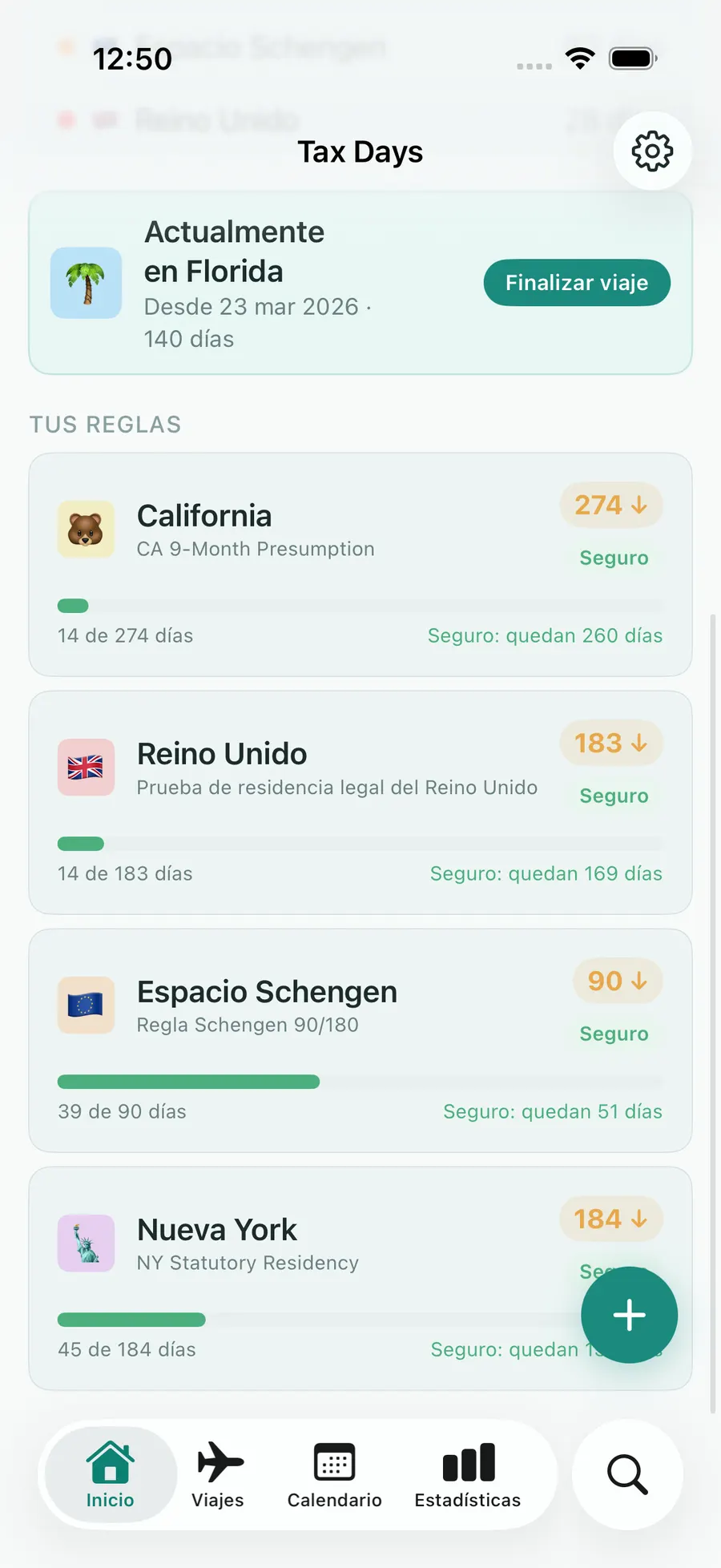 Tax Days rules list showing the Schengen 90/180 rolling-window progress
