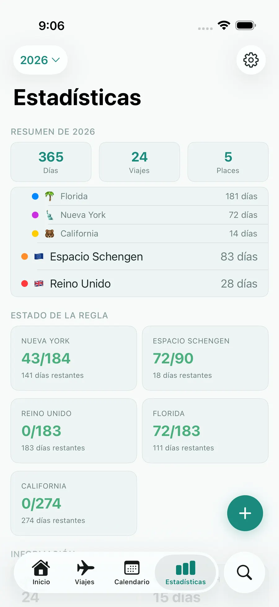 Tax Days stats screen with annual summary and per-rule status