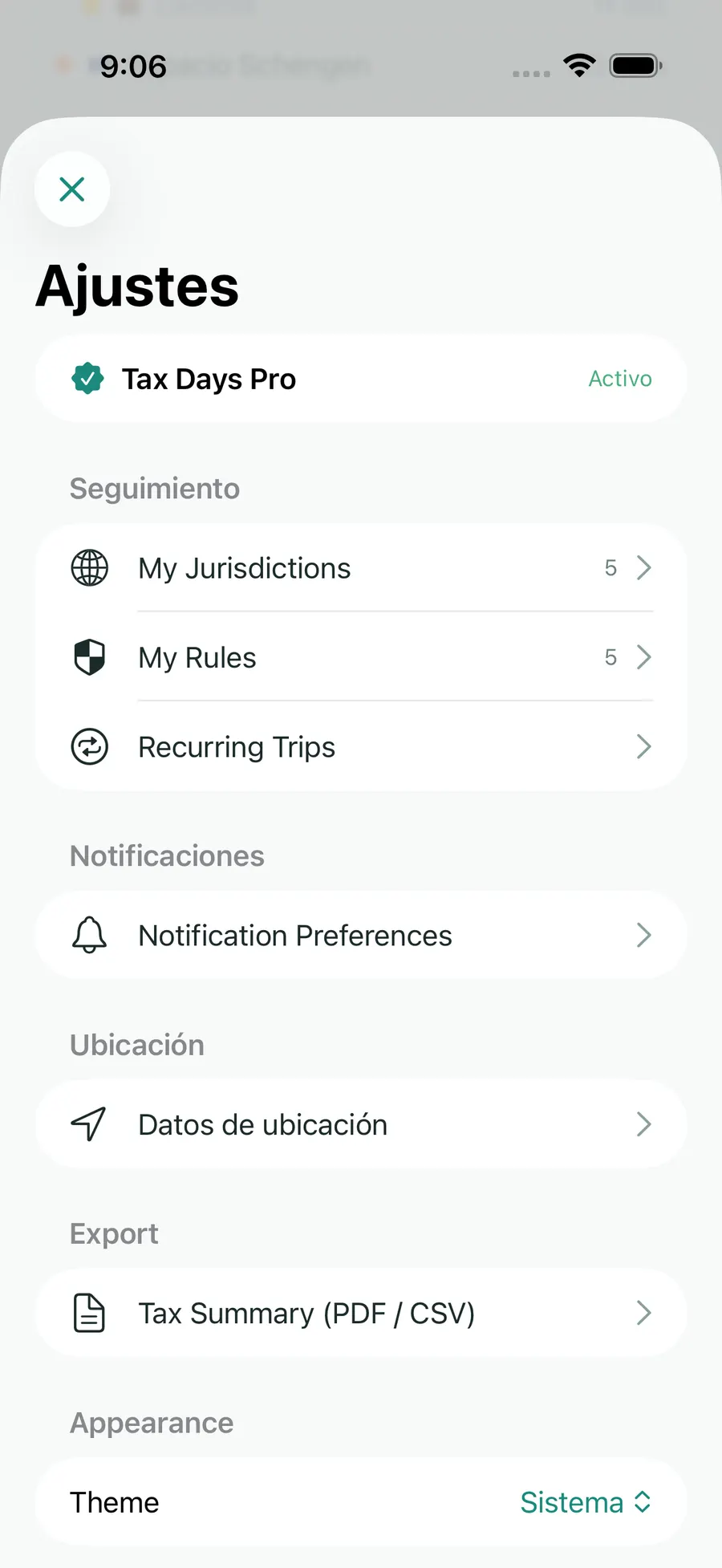 Tax Days settings screen showing supported jurisdictions and rules