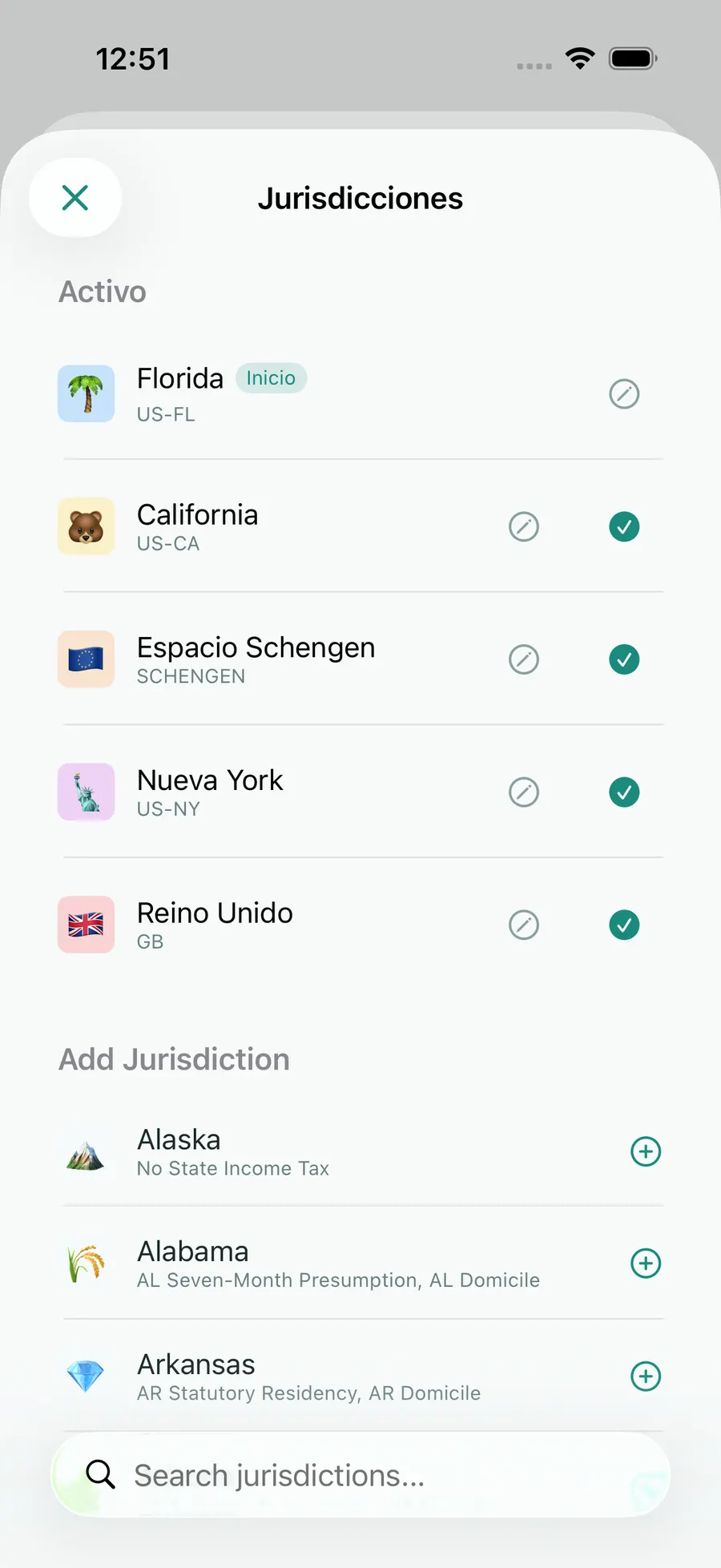 Tax Days jurisdiction picker with Florida, Schengen, the UK, California and New York active