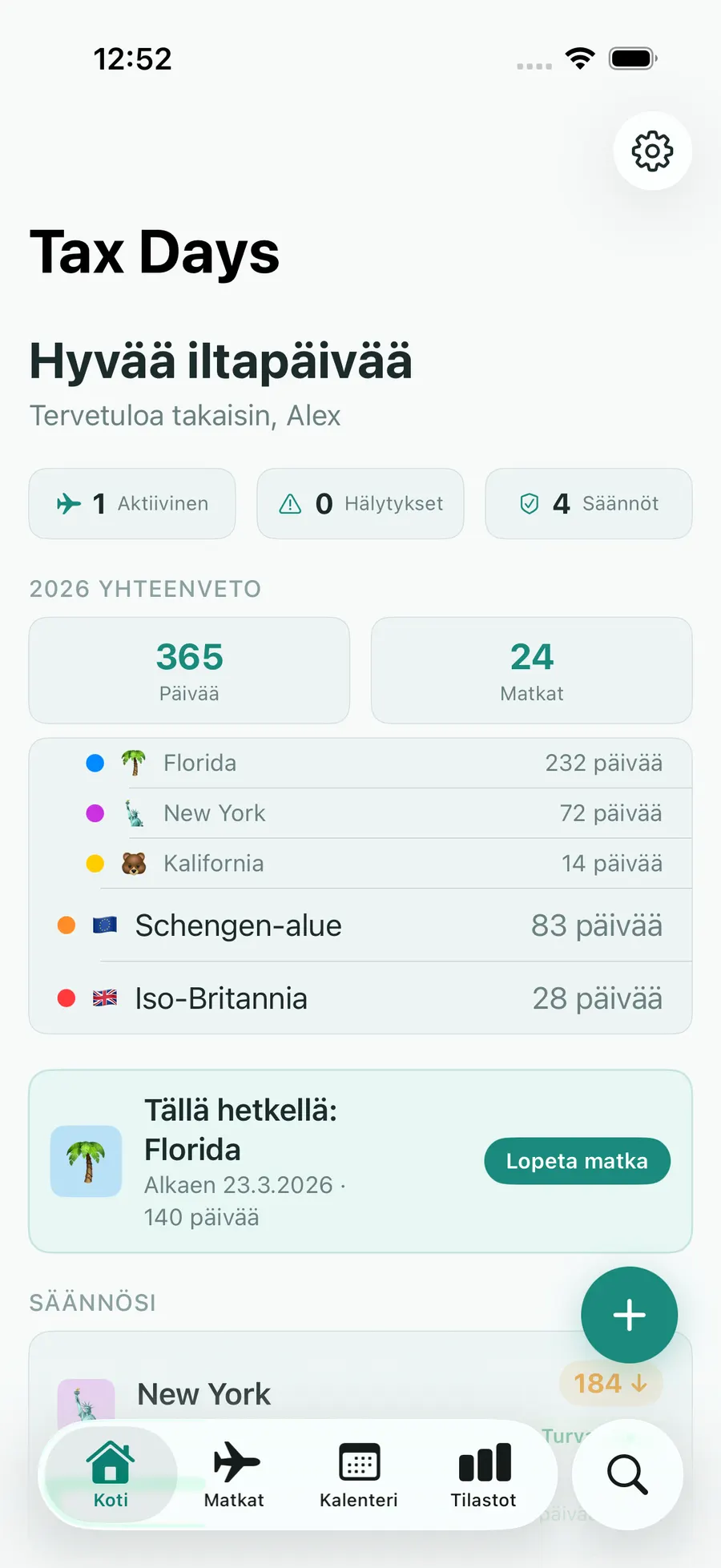 Tax Days home screen with per-jurisdiction day counts and status