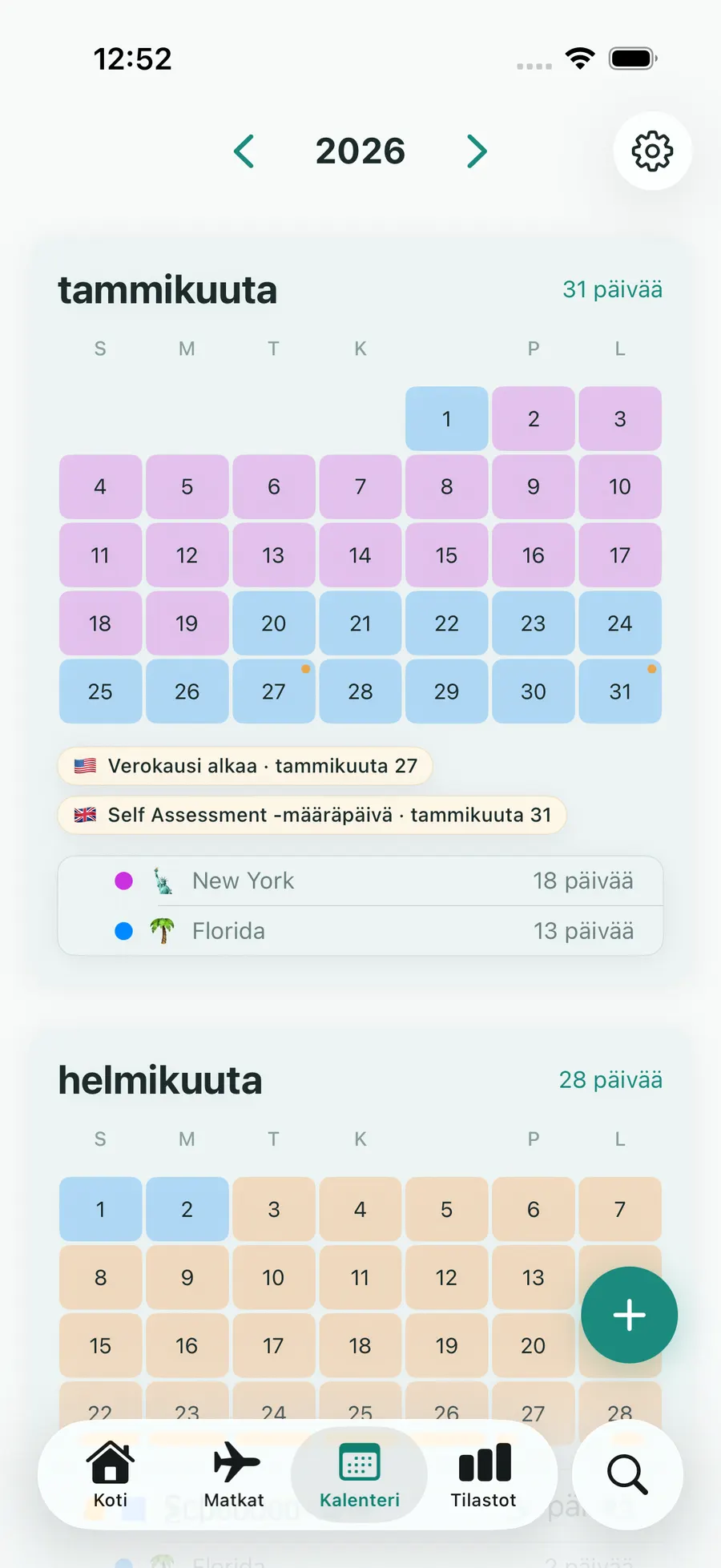 Tax Days yearly calendar with trips highlighted