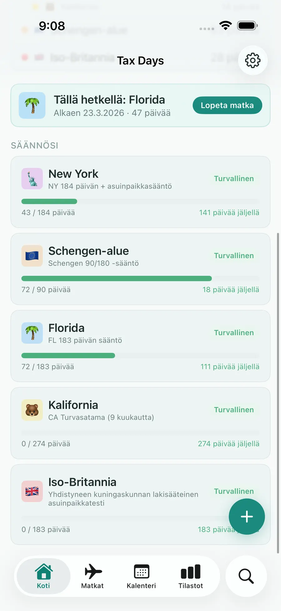 Tax Days Schengen 90/180 progress view