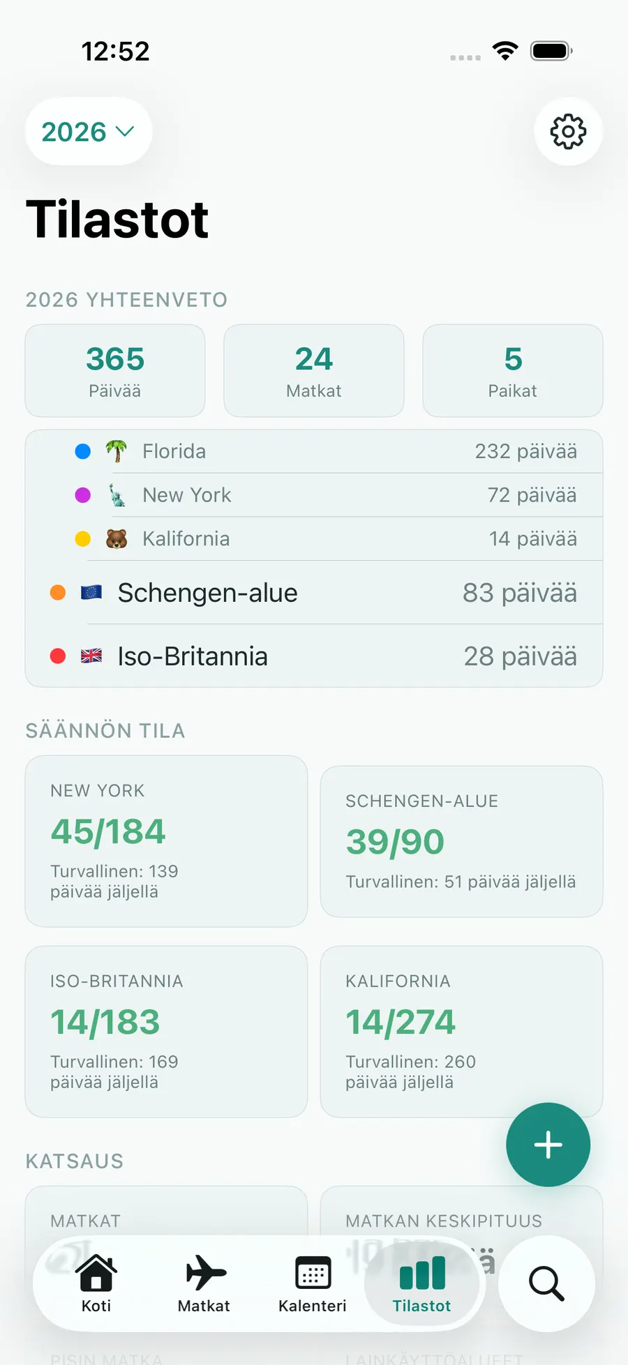 Tax Days stats screen with annual summary and per-rule status