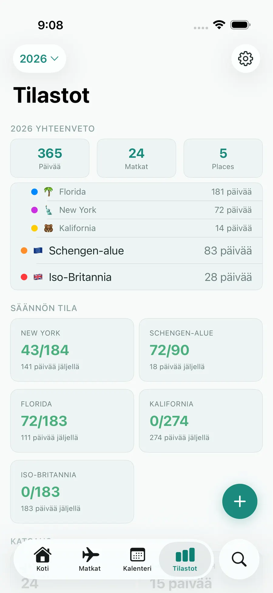 Tax Days stats screen with annual summary and per-rule status