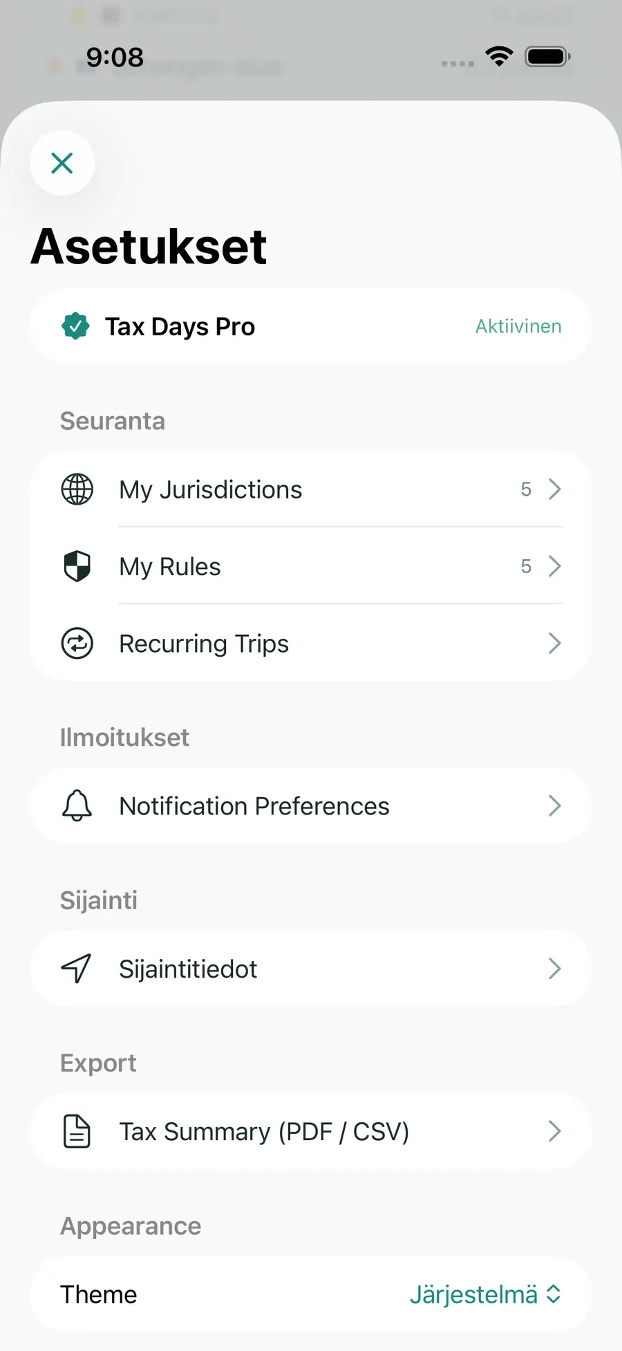 Tax Days settings screen showing supported jurisdictions and rules