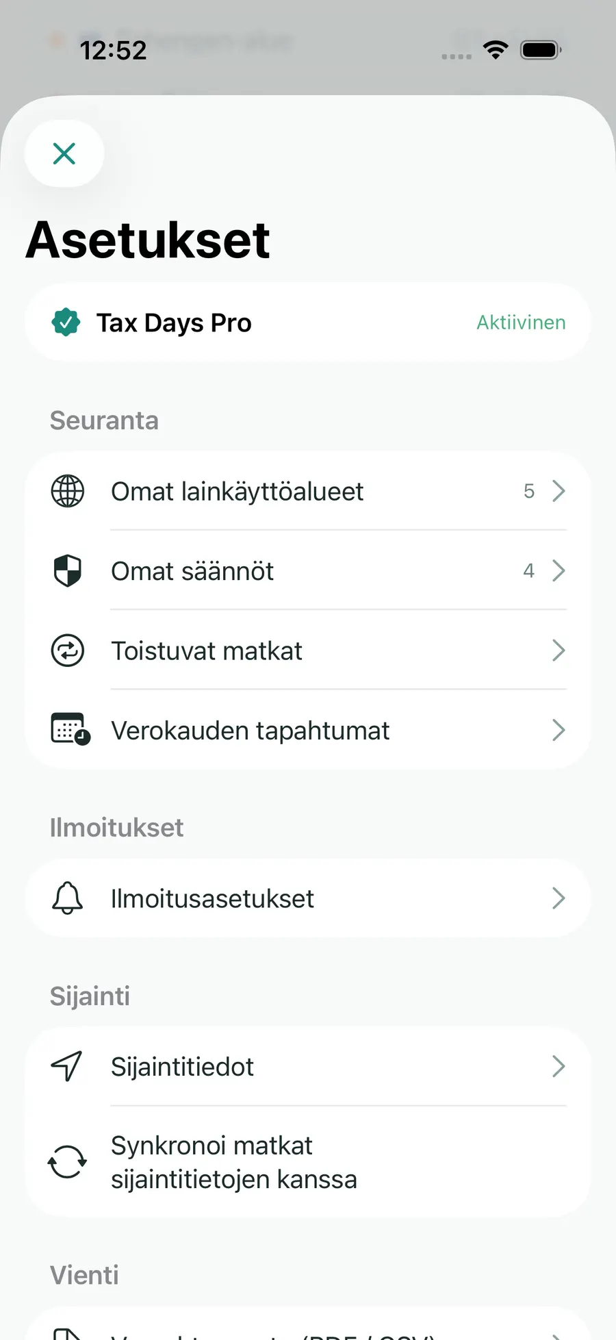 Tax Days settings showing supported jurisdictions and rules