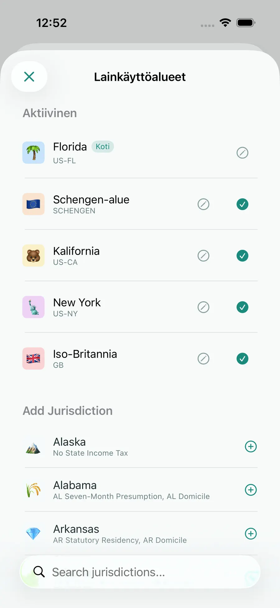 Tax Days jurisdiction picker with Florida, Schengen, the UK, California and New York active