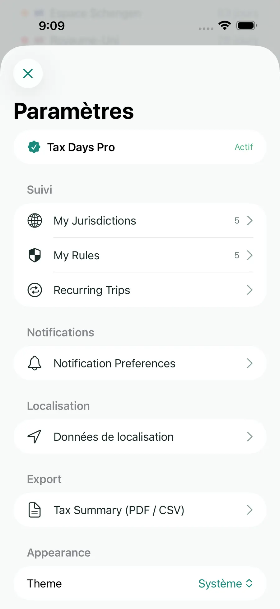 Tax Days settings screen showing supported jurisdictions and rules