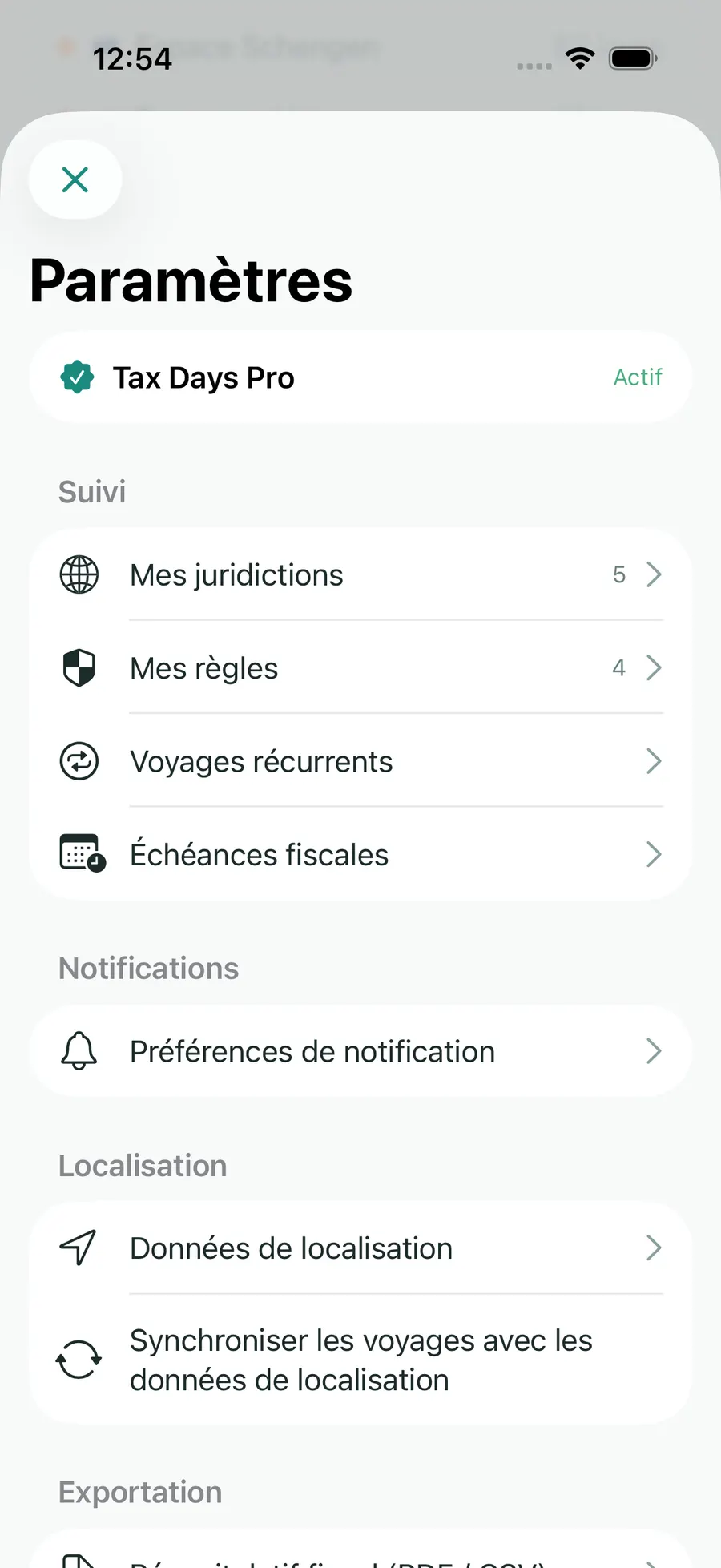 Tax Days settings showing supported jurisdictions and rules