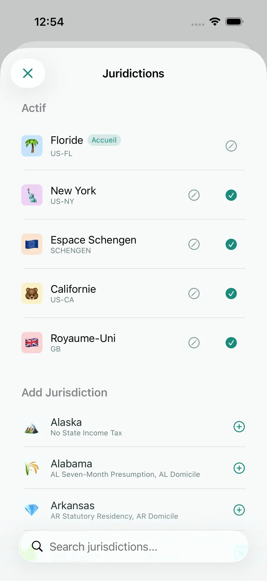 Tax Days jurisdiction picker with Florida, Schengen, the UK, California and New York active
