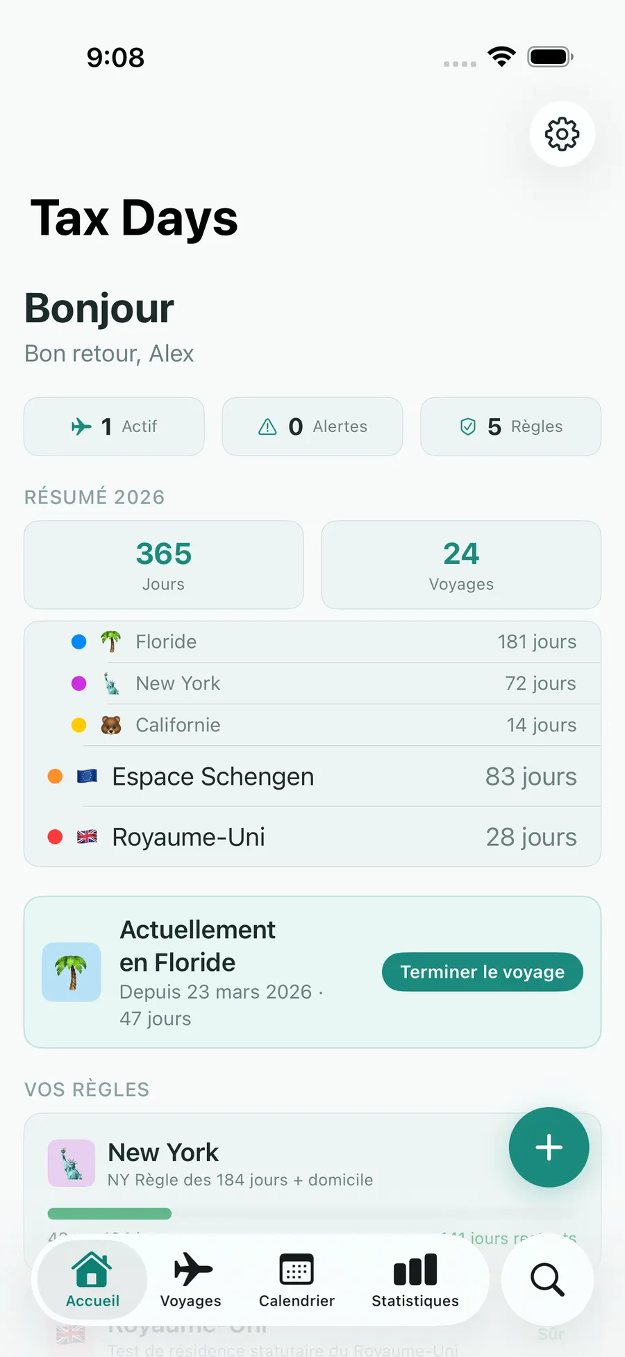 Tax Days home screen showing real-time residency status across multiple jurisdictions