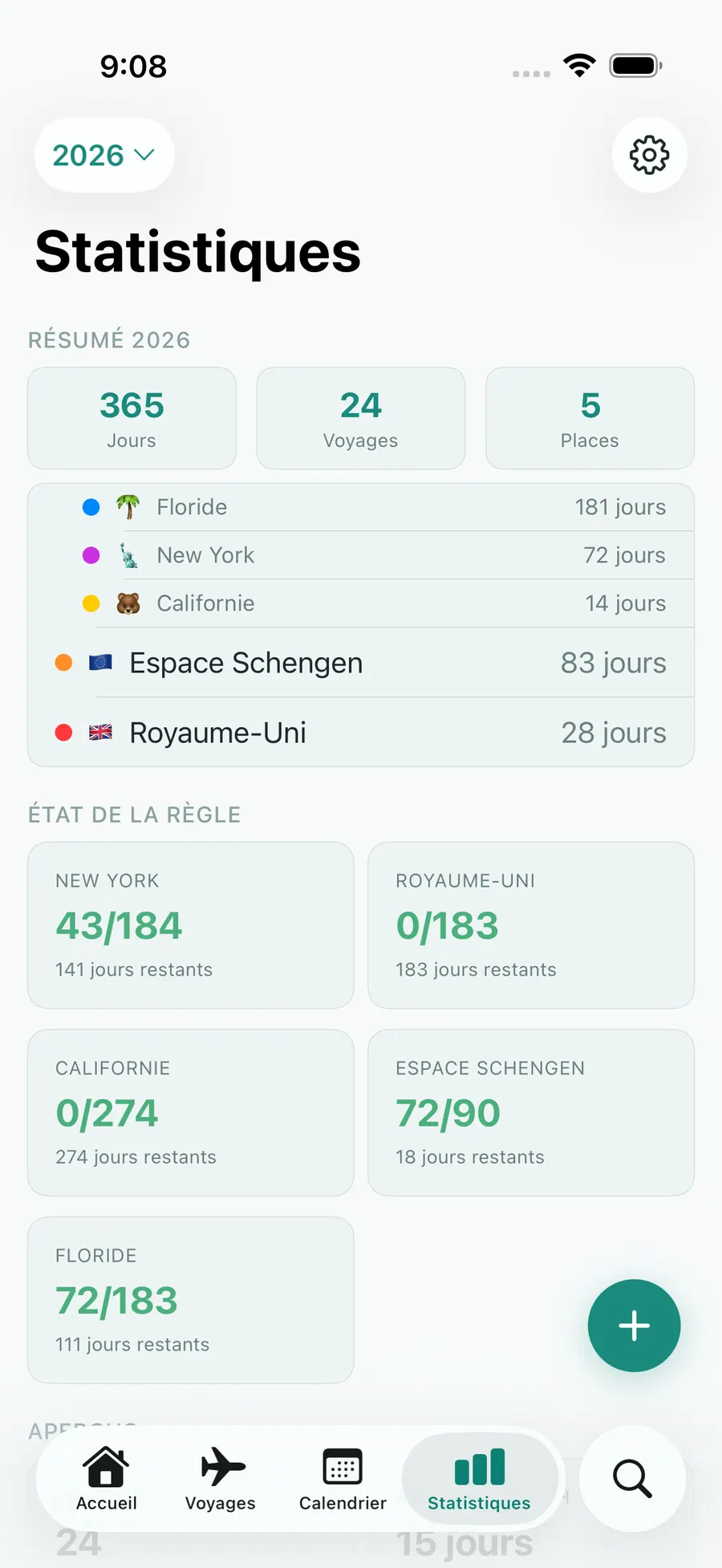 Tax Days stats screen with annual summary and per-rule status