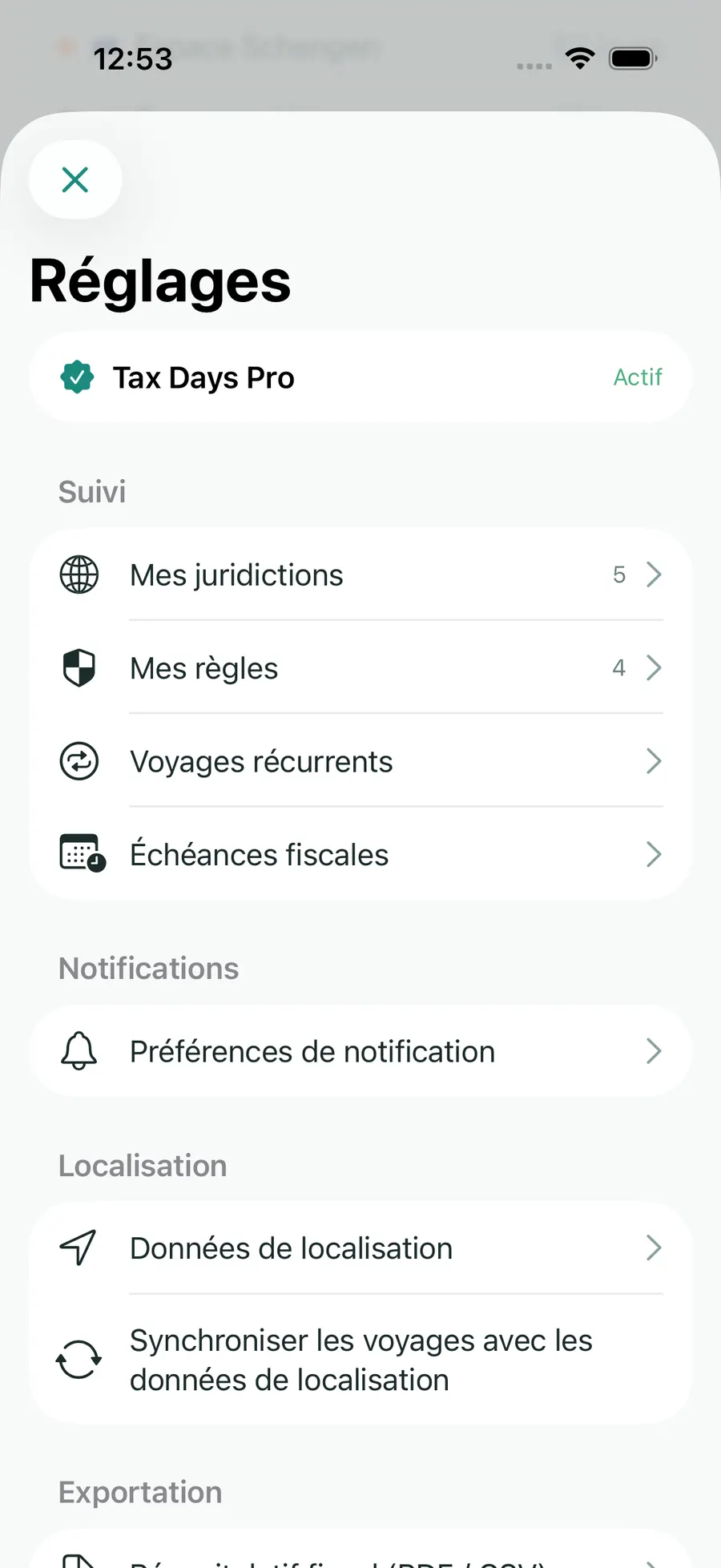 Tax Days settings showing supported jurisdictions and rules