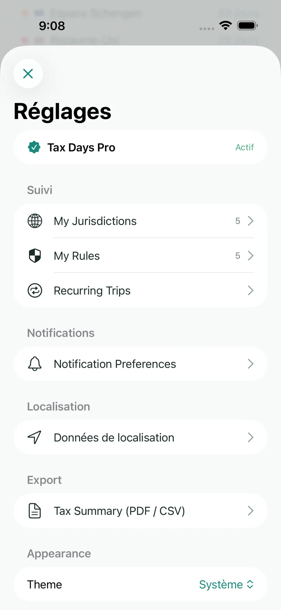 Tax Days settings screen showing supported jurisdictions and rules