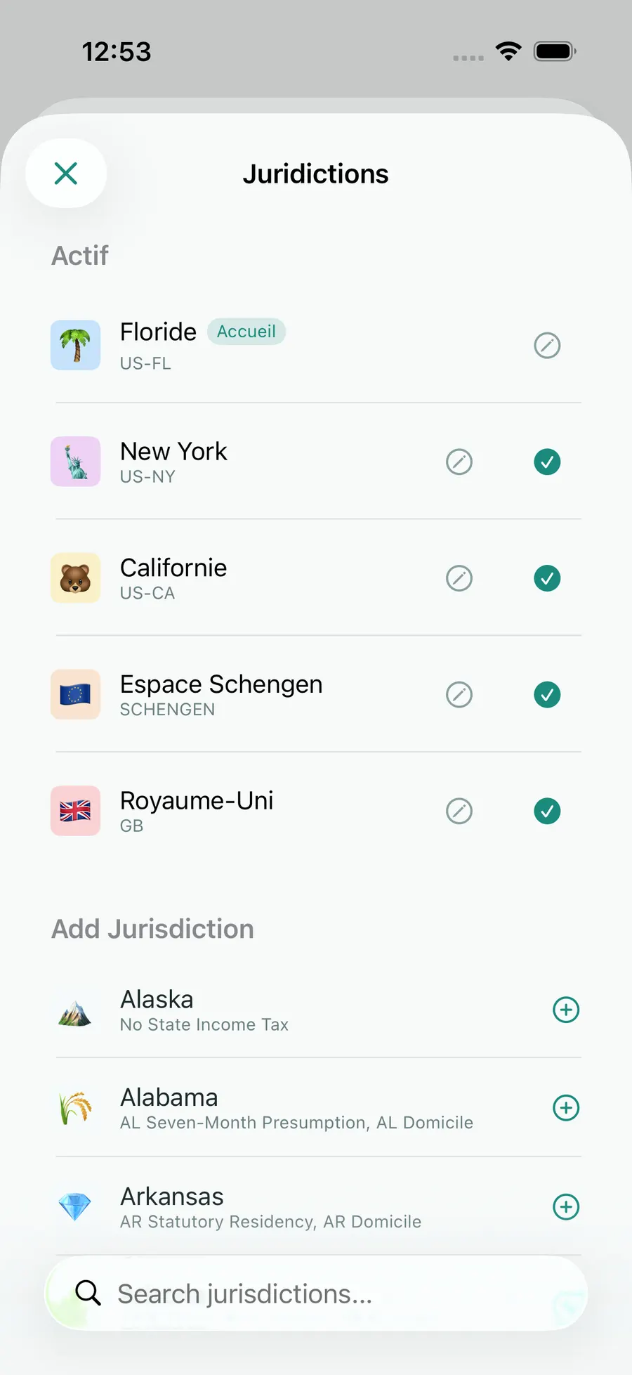 Tax Days jurisdiction picker with Florida, Schengen, the UK, California and New York active
