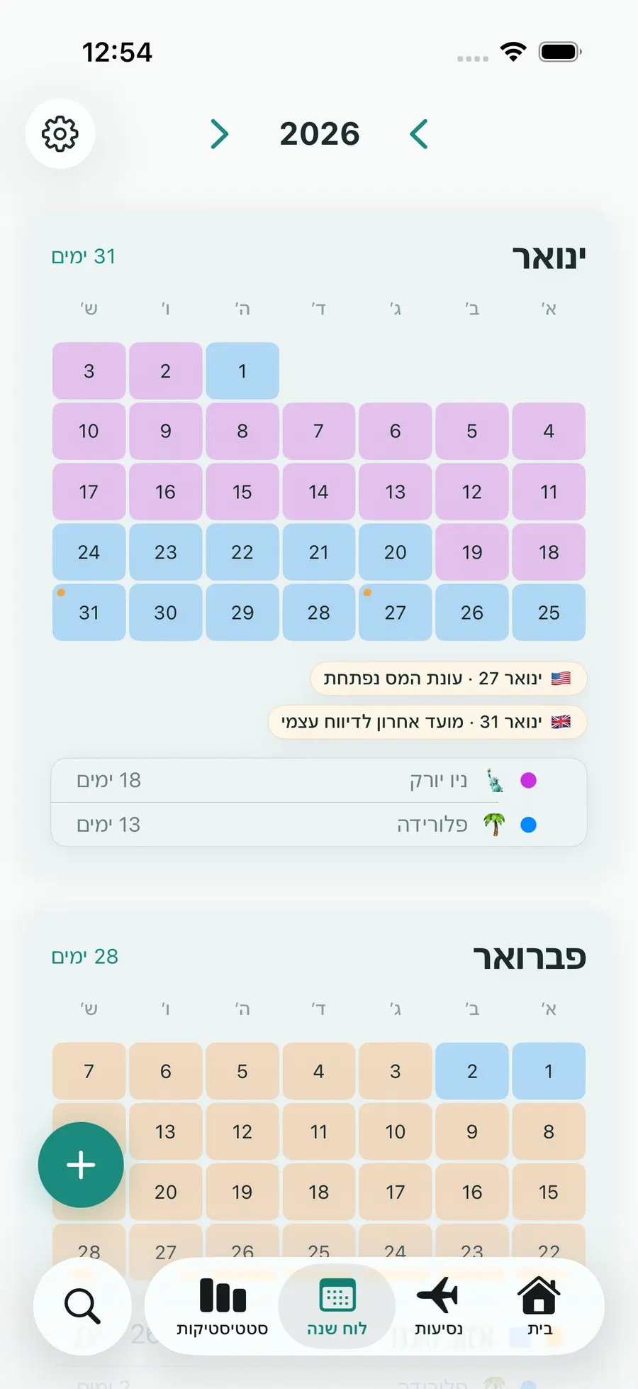 Tax Days yearly calendar with trips highlighted