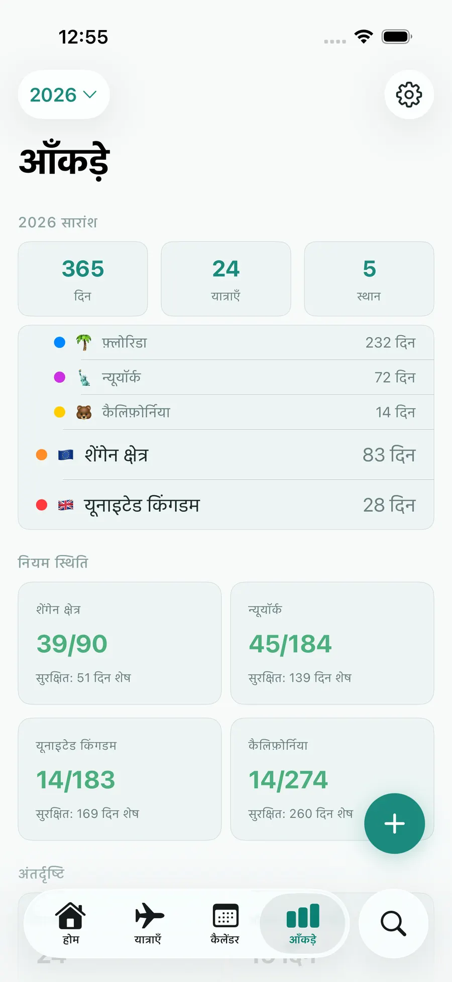 Tax Days stats screen with annual summary and per-rule status