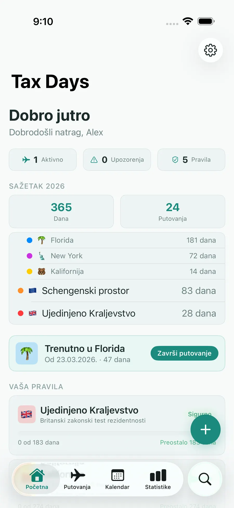 Tax Days home screen showing real-time residency status across multiple jurisdictions