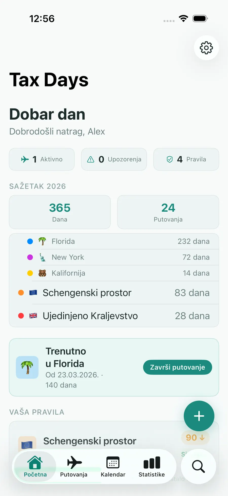 Tax Days home screen with per-jurisdiction day counts and status