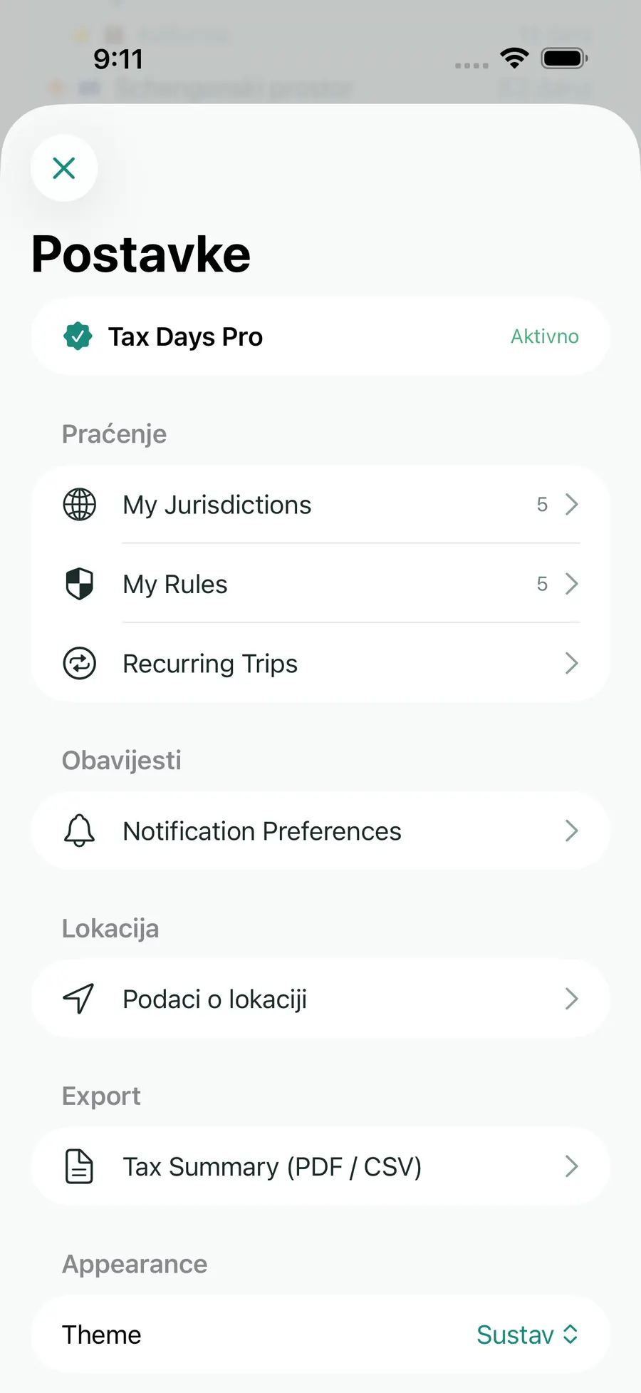 Tax Days settings screen showing supported jurisdictions and rules