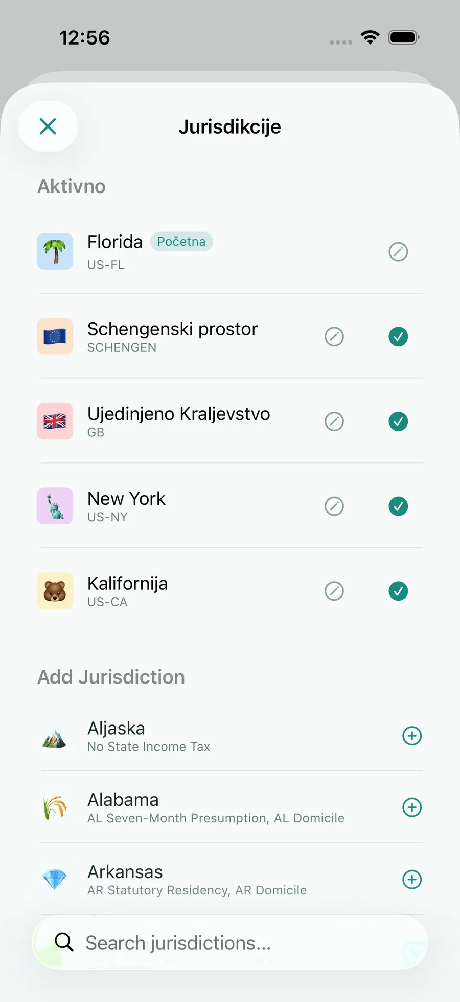 Tax Days jurisdiction picker with Florida, Schengen, the UK, California and New York active