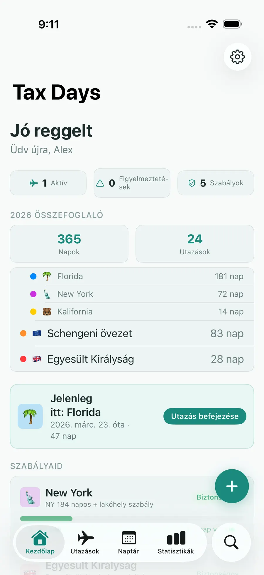 Tax Days home screen showing real-time residency status across multiple jurisdictions