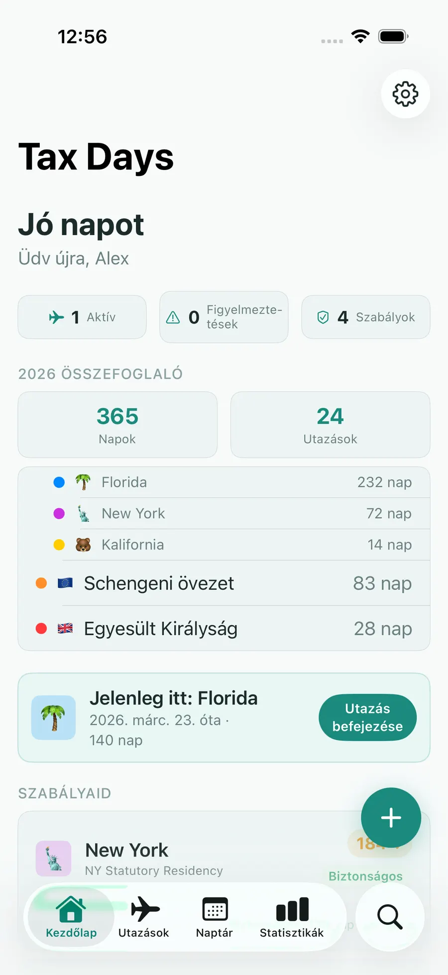 Tax Days home screen with per-jurisdiction day counts and status