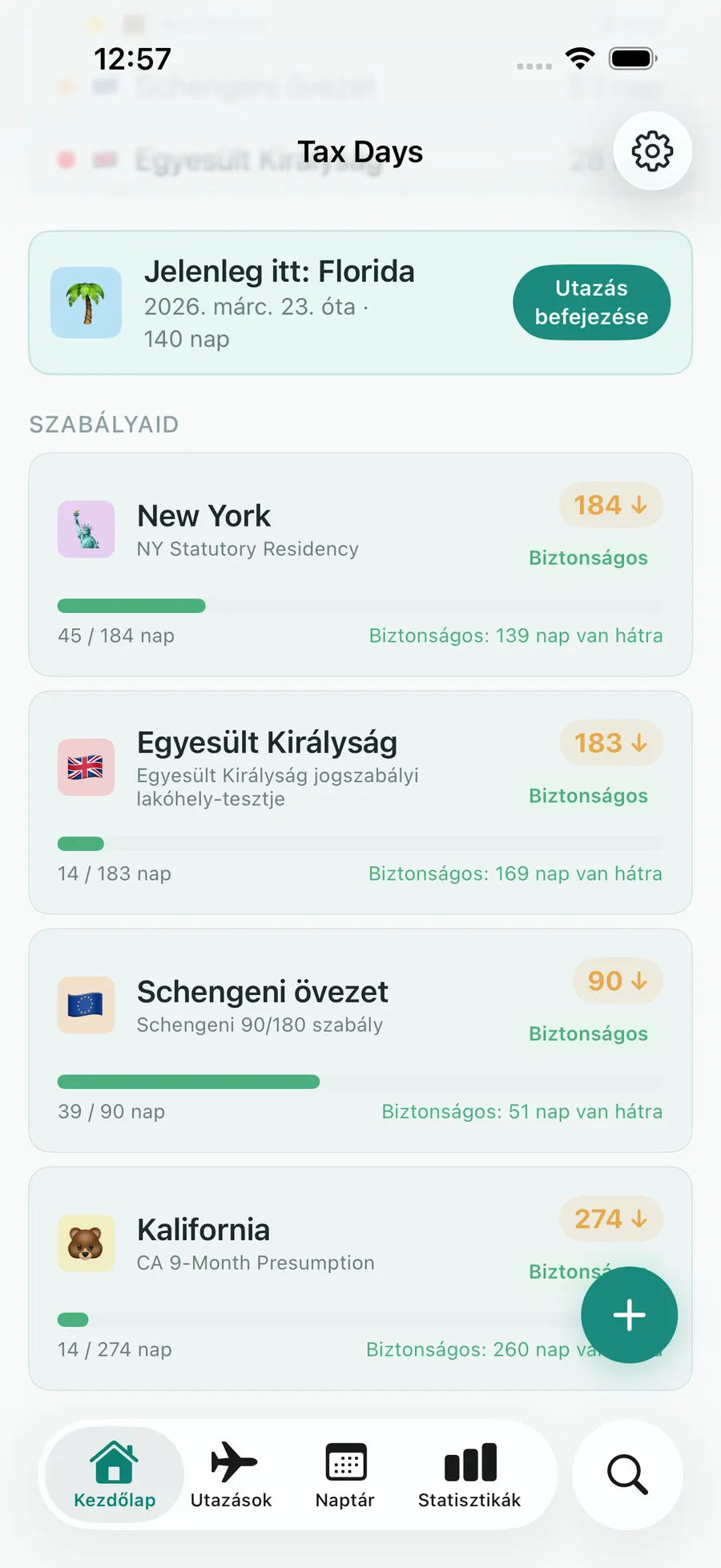 Tax Days rules list showing the Schengen 90/180 rolling-window progress