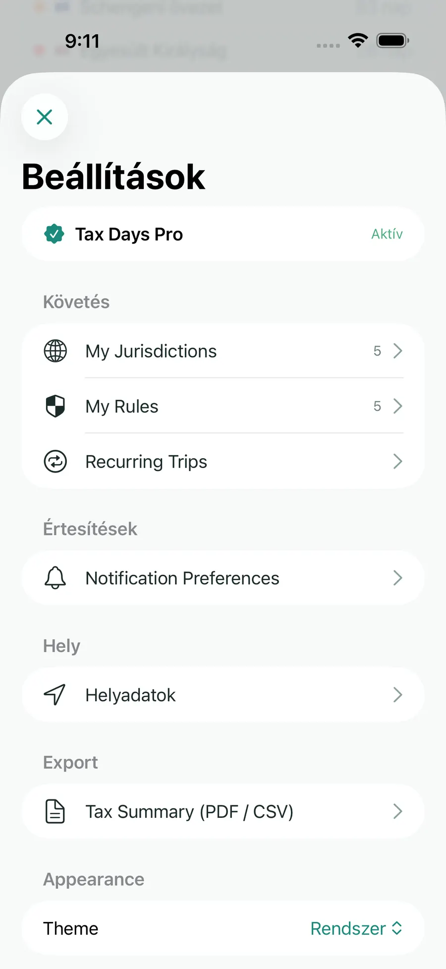 Tax Days settings screen showing supported jurisdictions and rules
