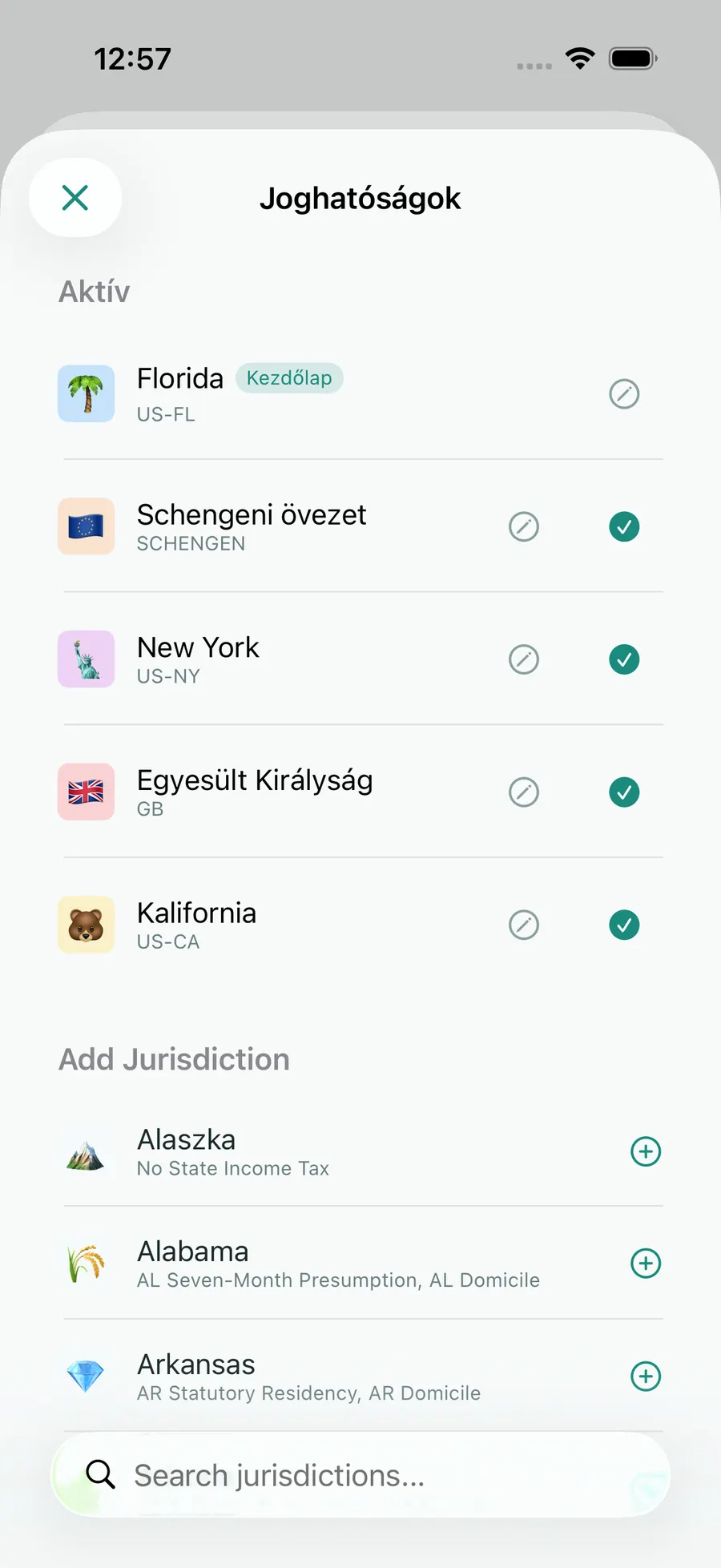 Tax Days jurisdiction picker with Florida, Schengen, the UK, California and New York active