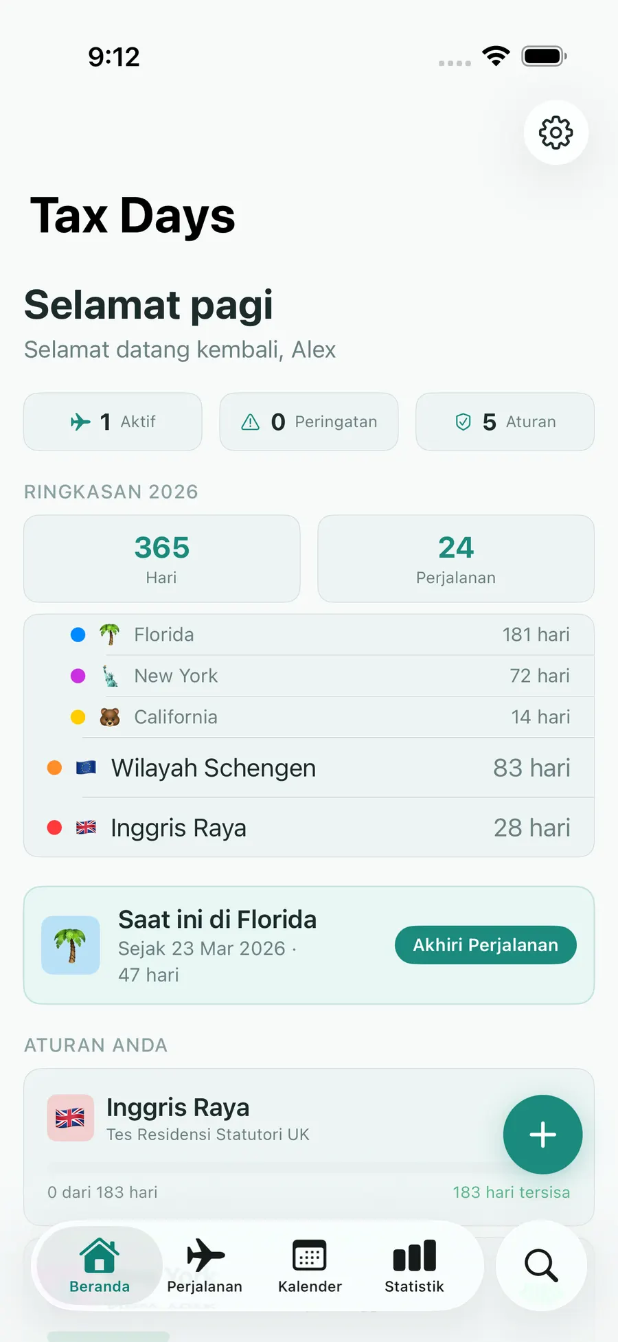Tax Days home screen showing real-time residency status across multiple jurisdictions