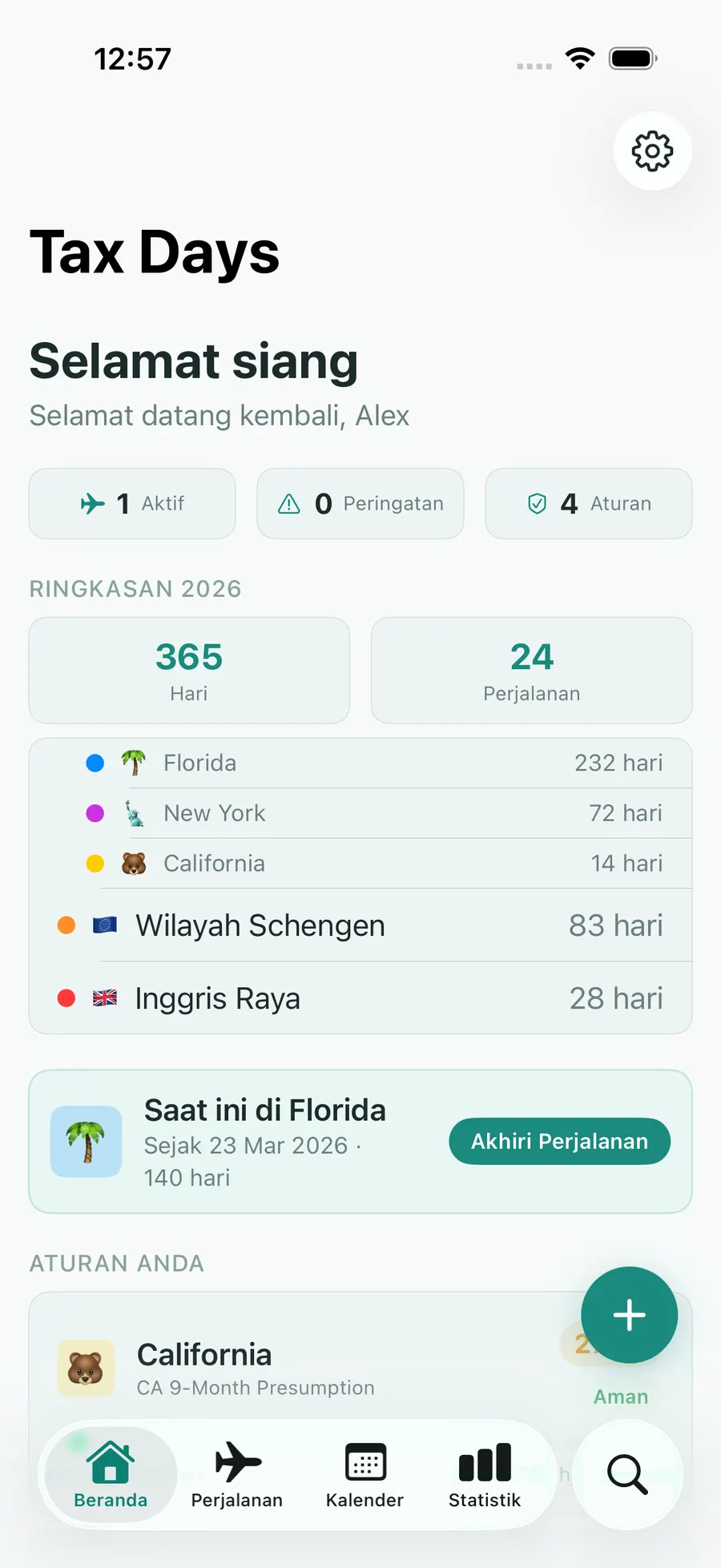 Tax Days home screen with per-jurisdiction day counts and status