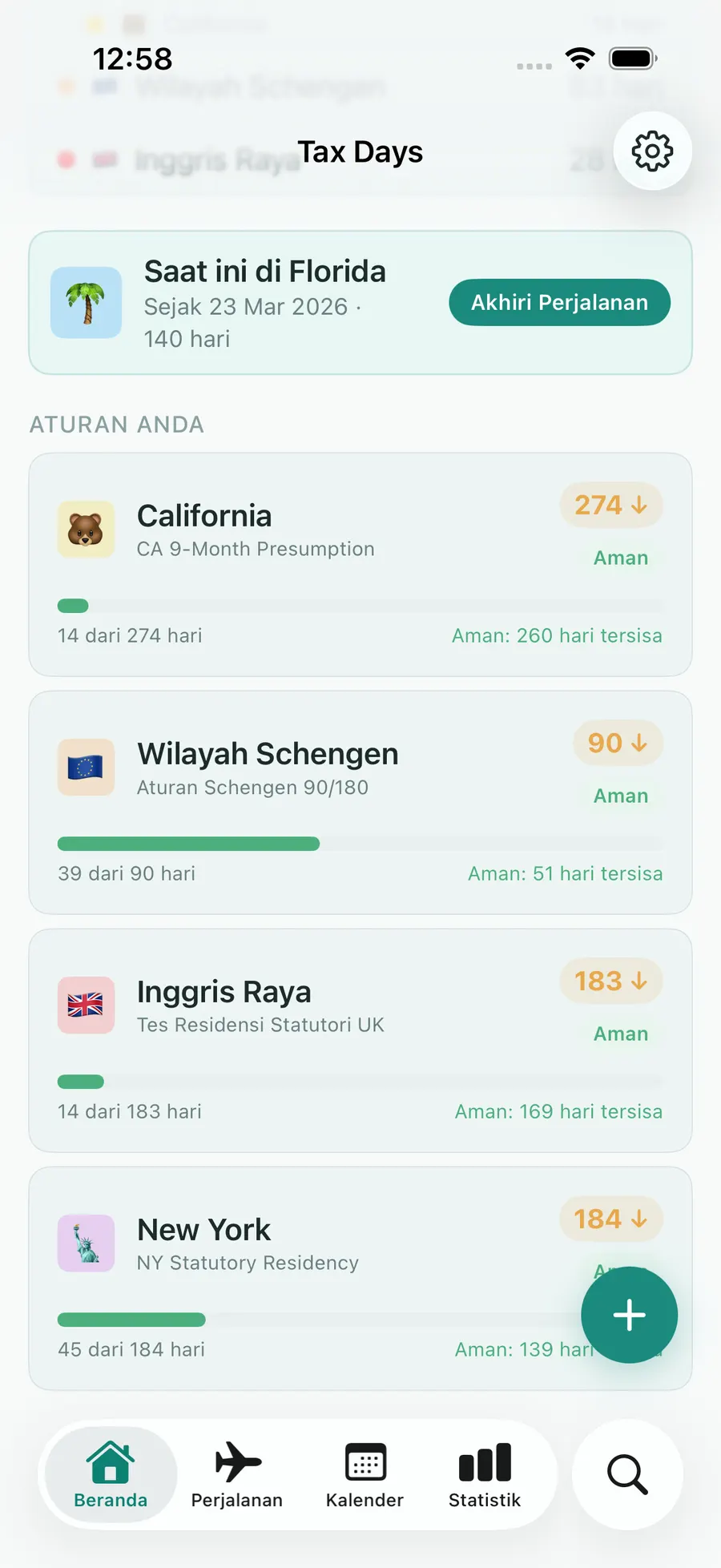 Tax Days rules list showing the Schengen 90/180 rolling-window progress