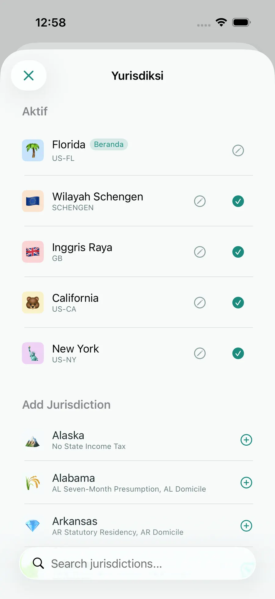 Tax Days jurisdiction picker with Florida, Schengen, the UK, California and New York active