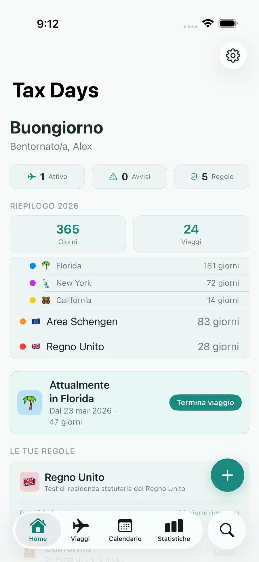 Tax Days home screen showing real-time residency status across multiple jurisdictions