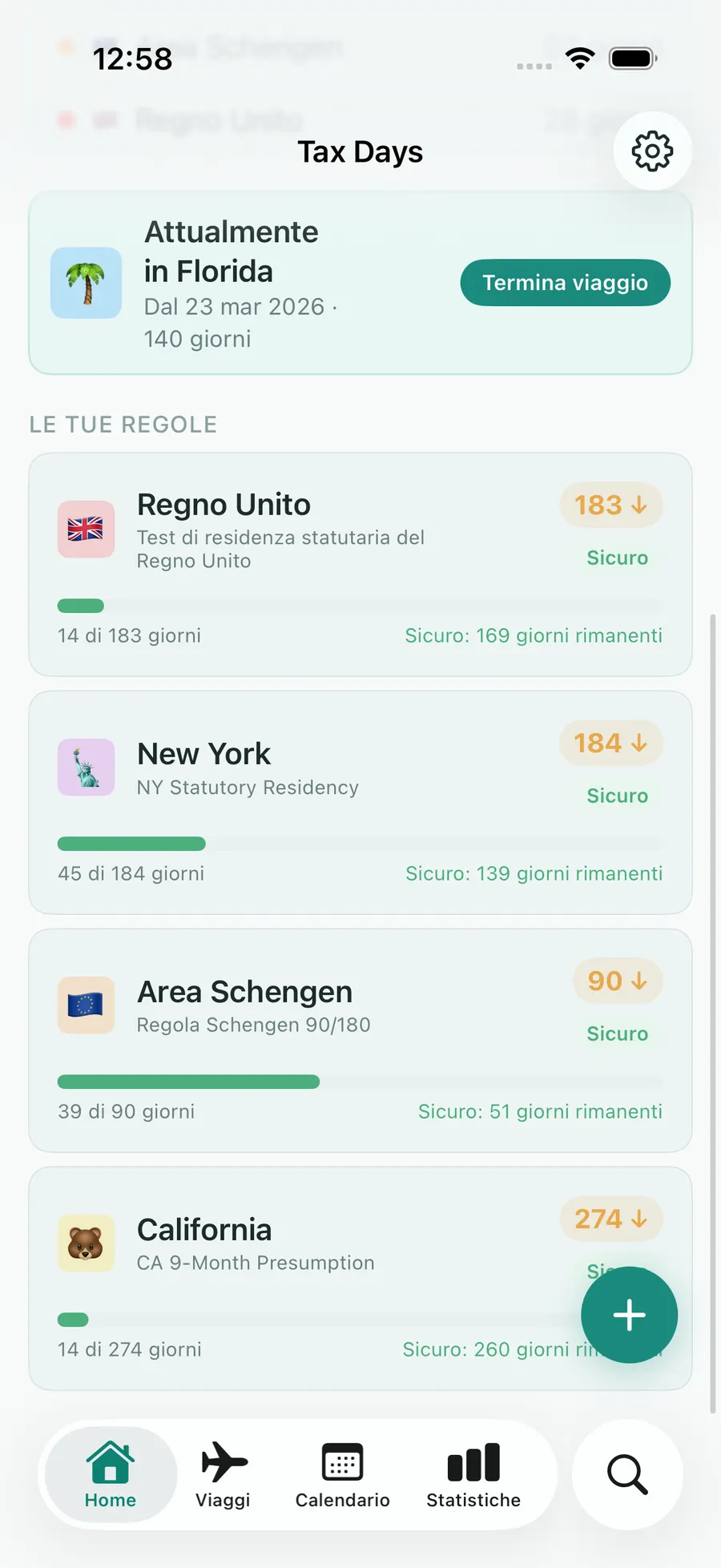 Tax Days rules list showing the Schengen 90/180 rolling-window progress