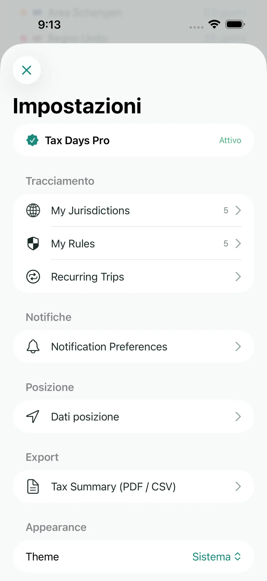 Tax Days settings screen showing supported jurisdictions and rules