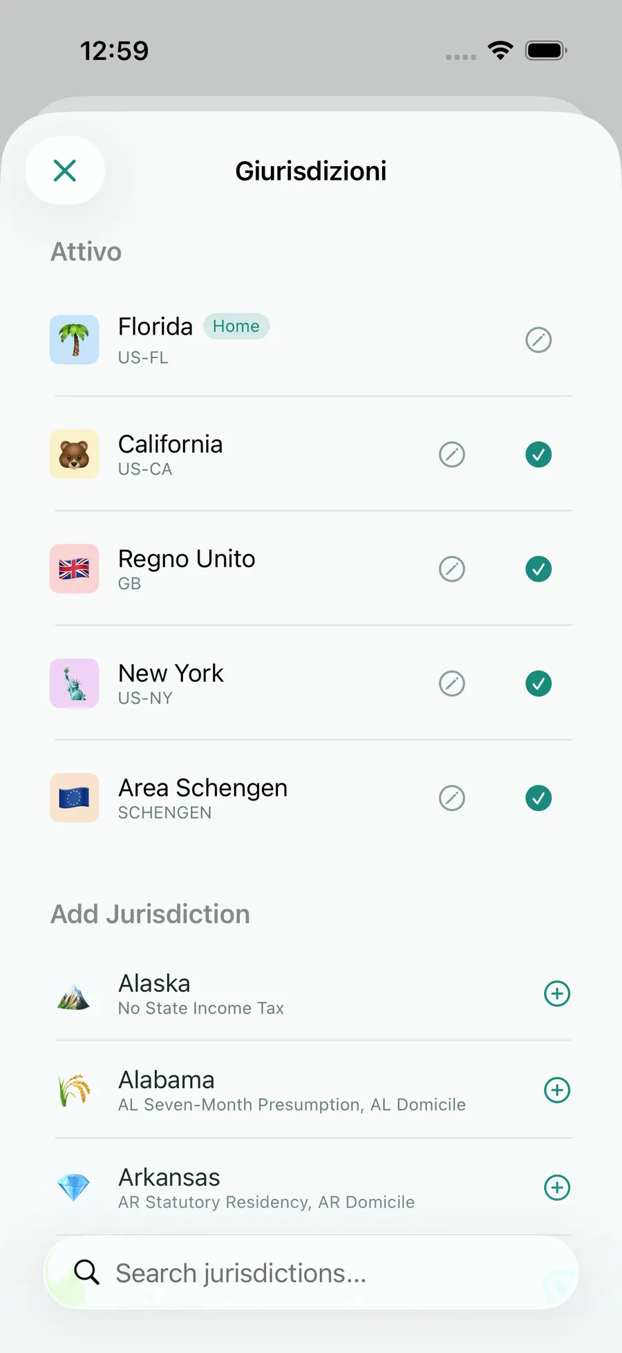 Tax Days jurisdiction picker with Florida, Schengen, the UK, California and New York active