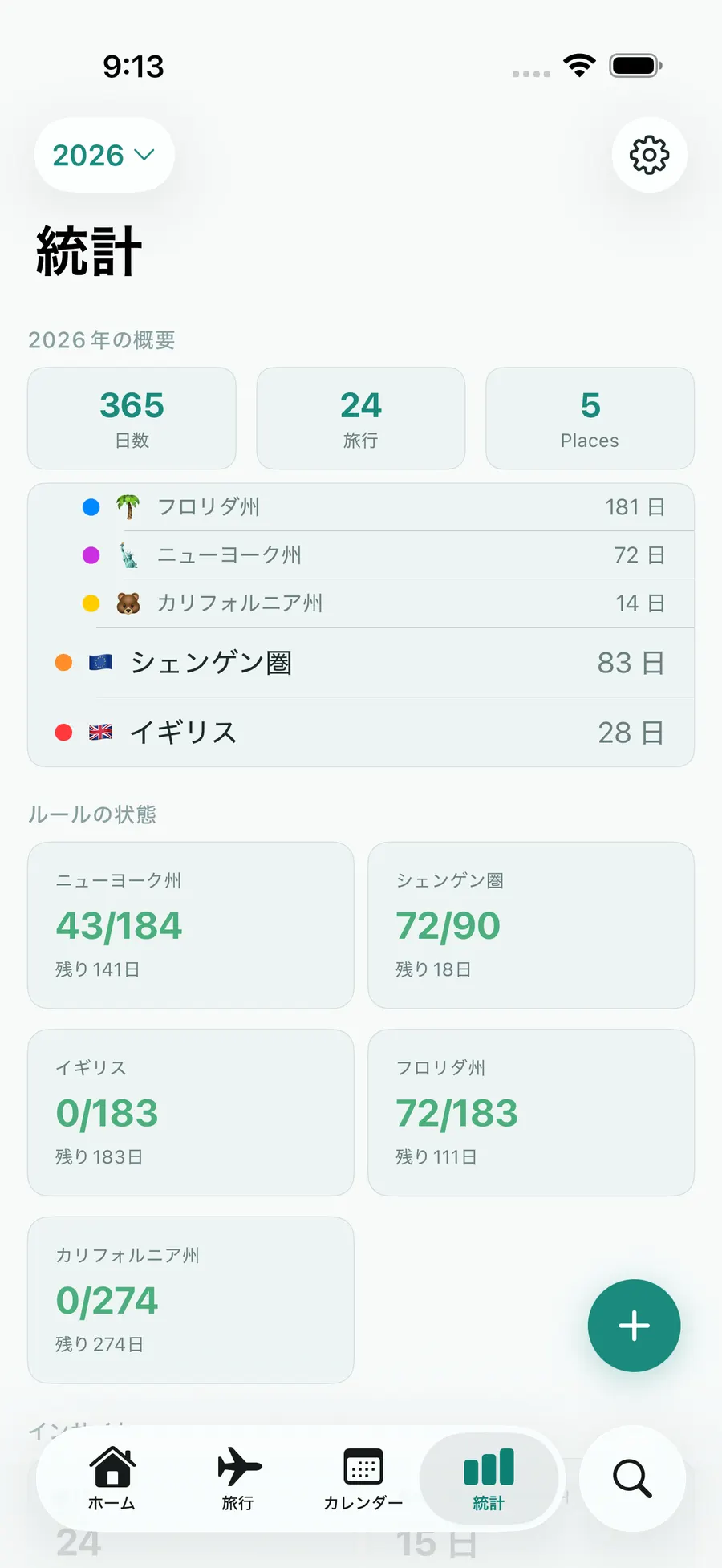 Tax Days stats screen with annual summary and per-rule status