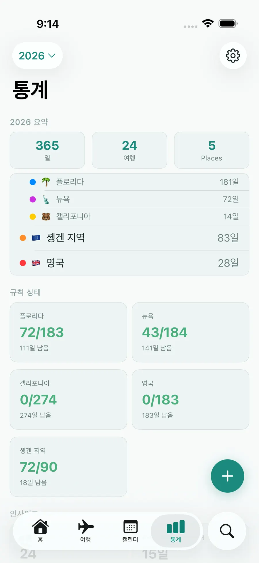 Tax Days stats screen with annual summary and per-rule status