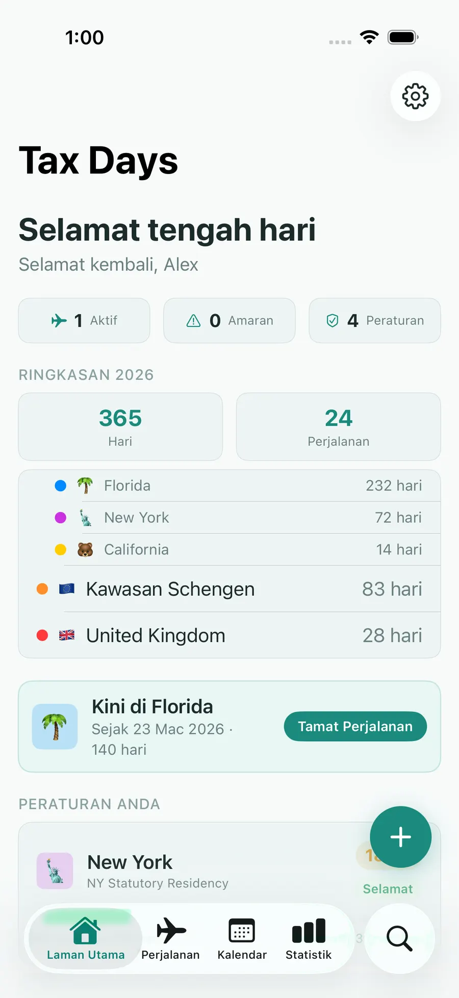 Tax Days home screen with per-jurisdiction day counts and status