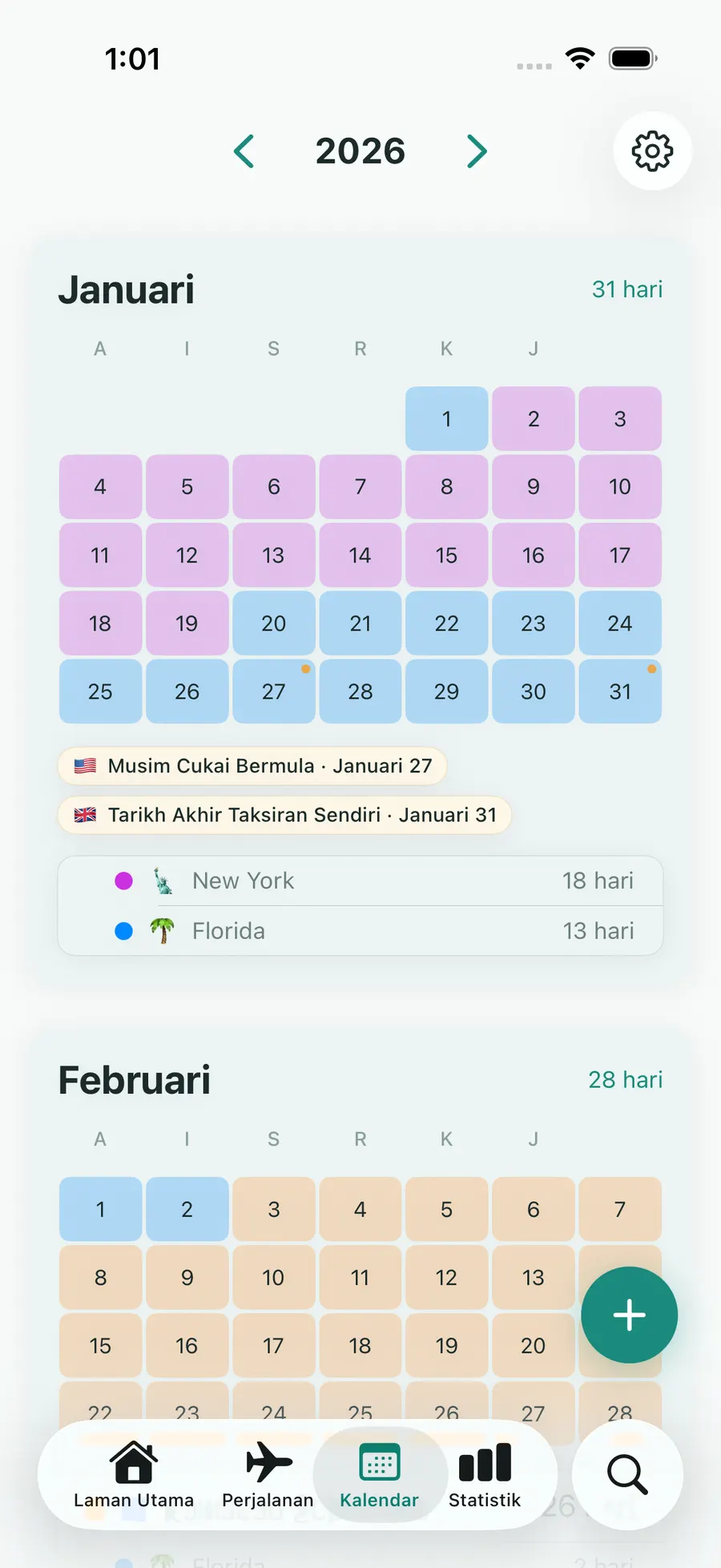 Tax Days yearly calendar with trips highlighted