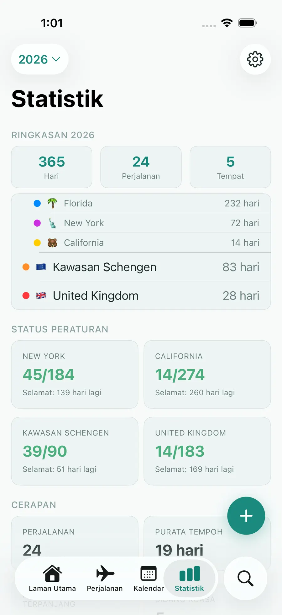 Tax Days stats screen with annual summary and per-rule status
