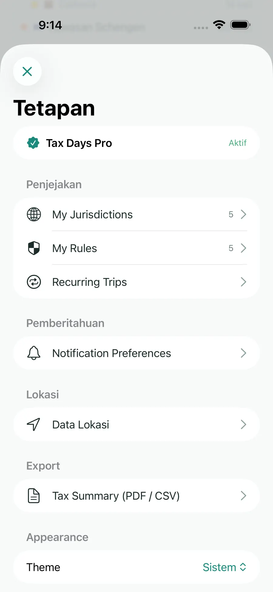 Tax Days settings screen showing supported jurisdictions and rules