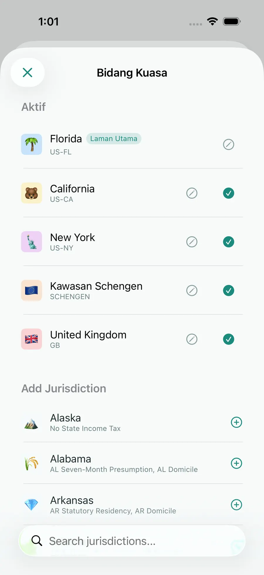 Tax Days jurisdiction picker with Florida, Schengen, the UK, California and New York active