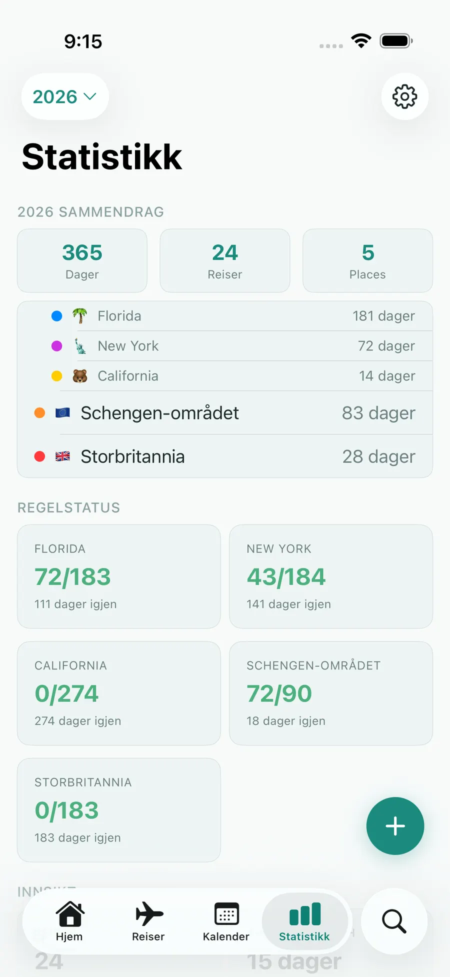 Tax Days stats screen with annual summary and per-rule status