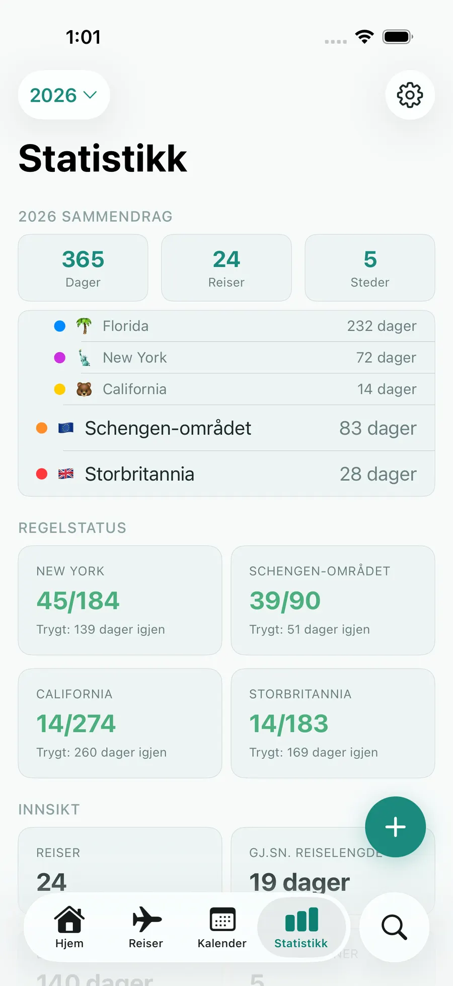 Tax Days stats screen with annual summary and per-rule status