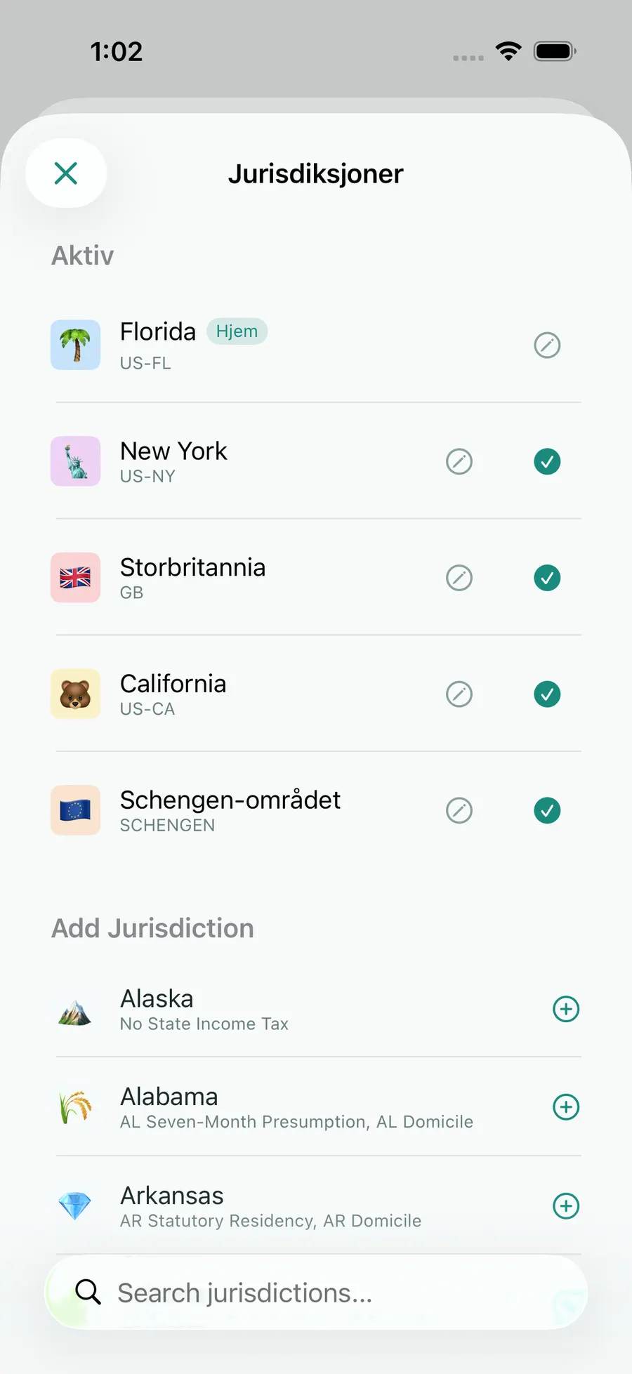 Tax Days jurisdiction picker with Florida, Schengen, the UK, California and New York active